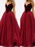 A Line Sweetheart Tulle Floor Length Burgundy Prom Dresses LBQ3412